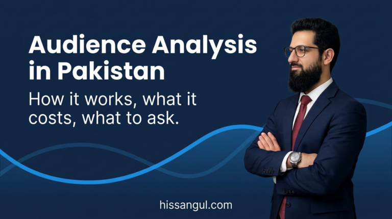 Cover graphic for a guide to audience analysis in Pakistan, with Hissan Gul's headshot on a navy background