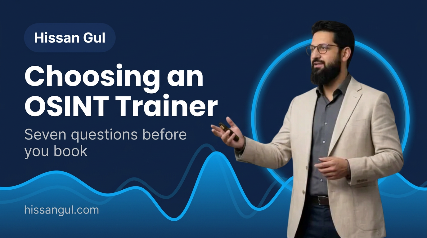 Cover graphic for a guide to choosing an OSINT trainer in Pakistan, with Hissan Gul's headshot on a navy background