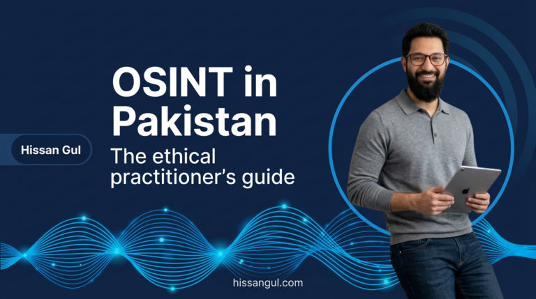 Cover graphic for an ethical OSINT guide for Pakistan, with Hissan Gul's headshot on a navy background